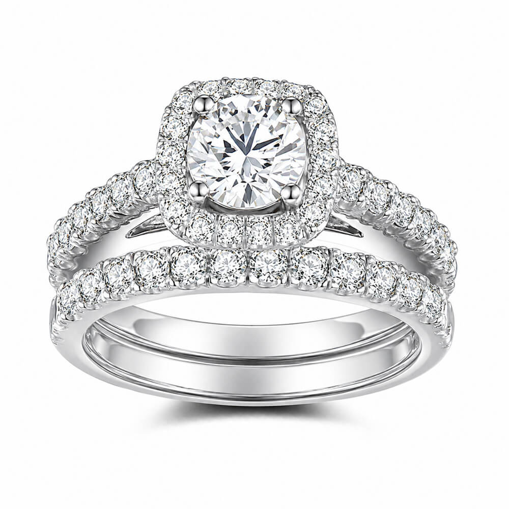 Round Cut Diamond White Sterling Silver Halo Bridal Ring Set