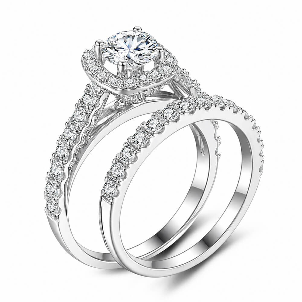 Round Cut Diamond White Sterling Silver Halo Bridal Ring Set