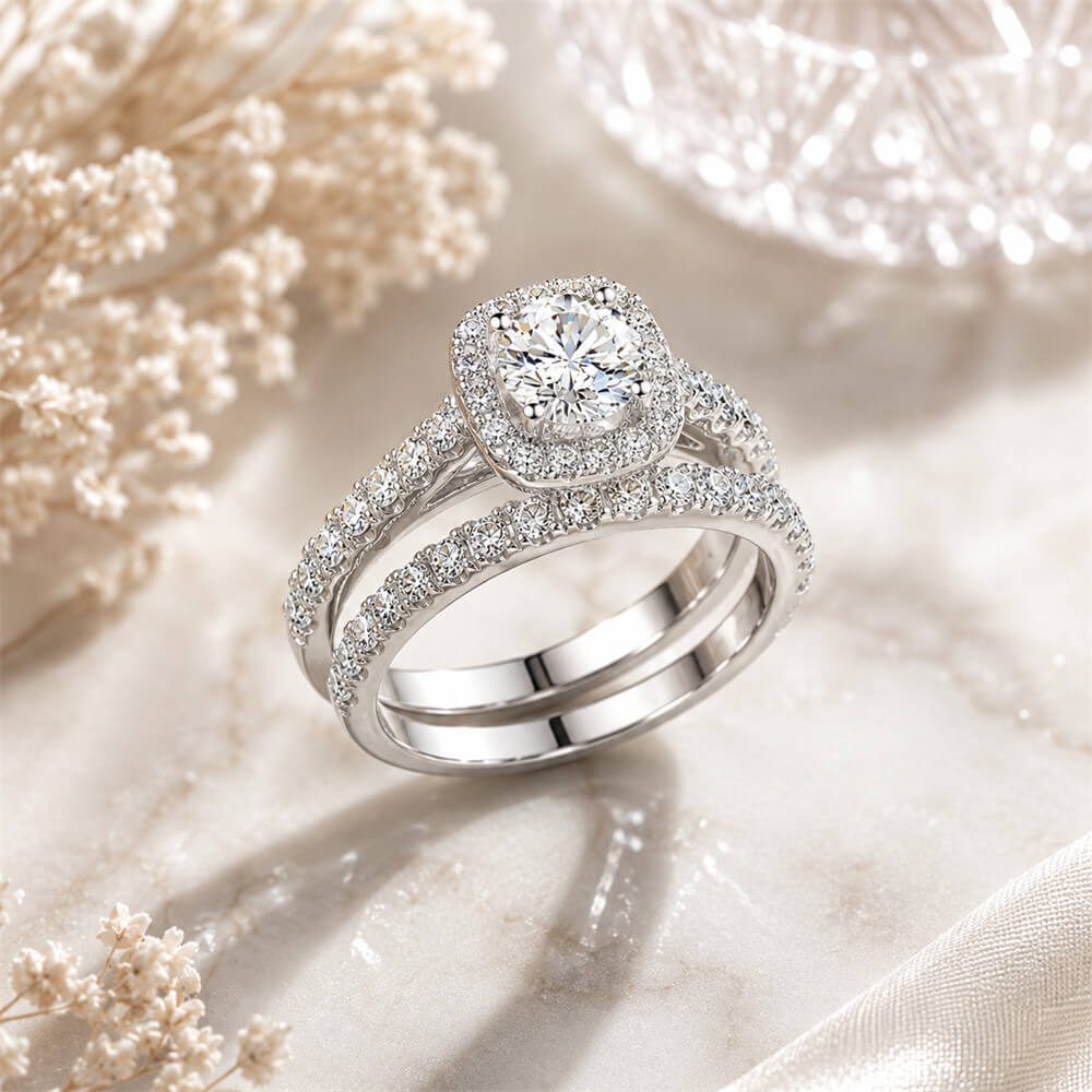 Round Cut Diamond White Sterling Silver Halo Bridal Ring Set