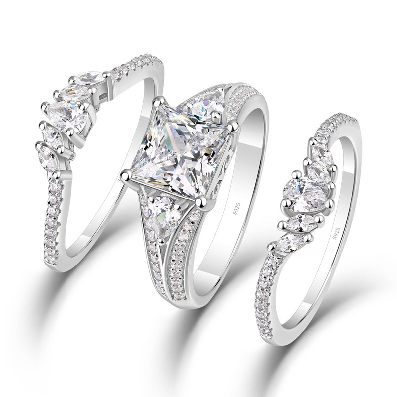 Princess Cut Diamond White Sterling Silver Three Stone 3-Piece Bridal Ring Set