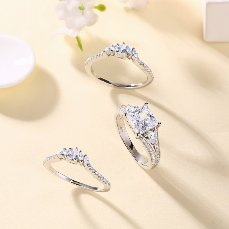 Princess Cut Diamond White Sterling Silver Three Stone 3-Piece Bridal Ring Set
