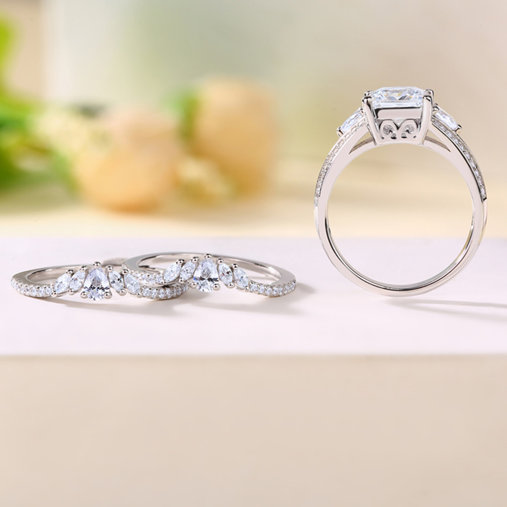 Princess Cut Diamond White Sterling Silver Three Stone 3-Piece Bridal Ring Set