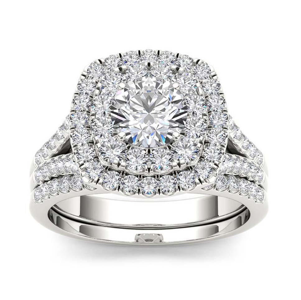 Round Cut Diamond White Sterling Silver Double Halo Bridal Ring Set