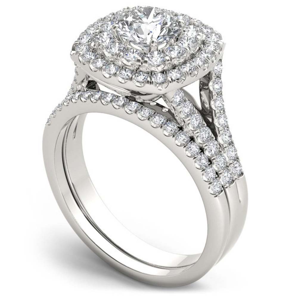 Round Cut Diamond White Sterling Silver Double Halo Bridal Ring Set