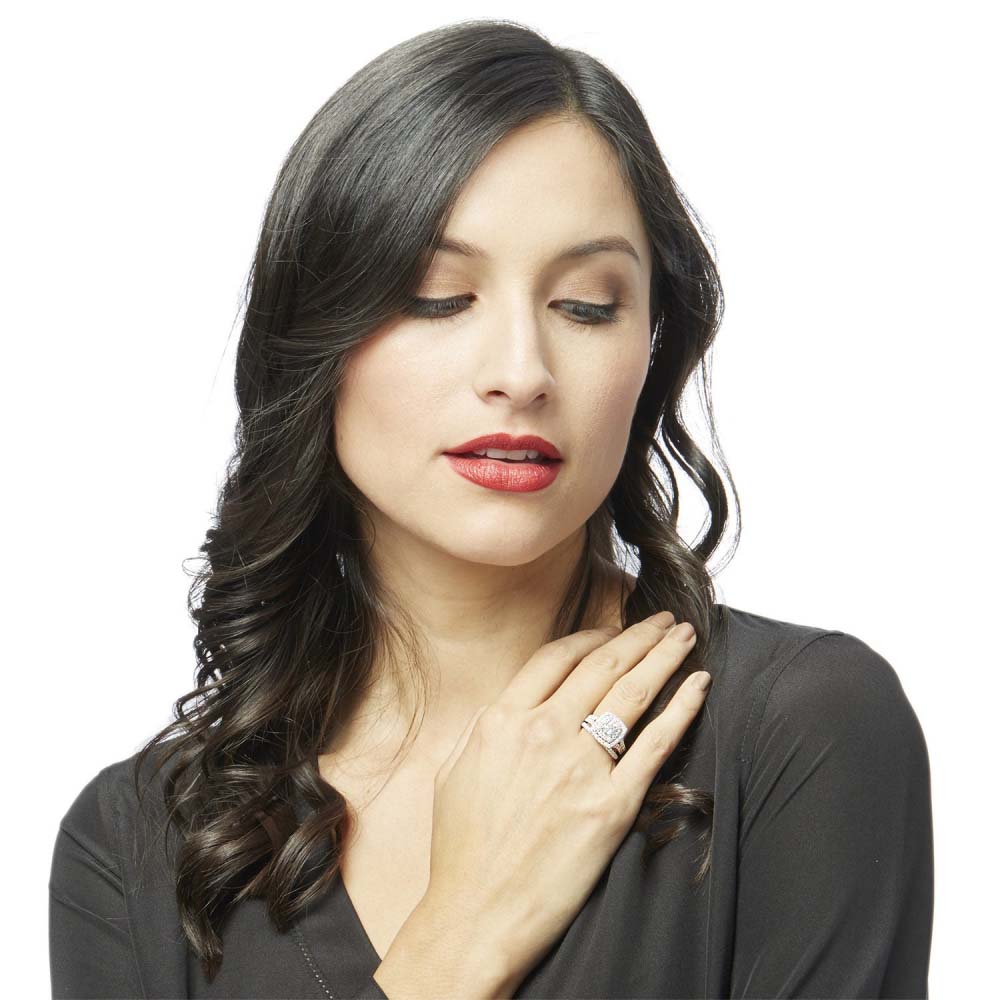 Round Cut Diamond White Sterling Silver Double Halo Bridal Ring Set