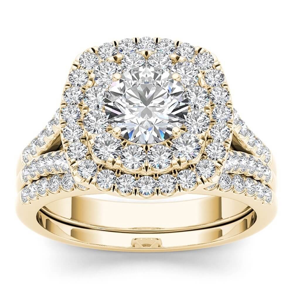 Round Cut Diamond White Gold Sterling Silver Double Halo Bridal Ring Set