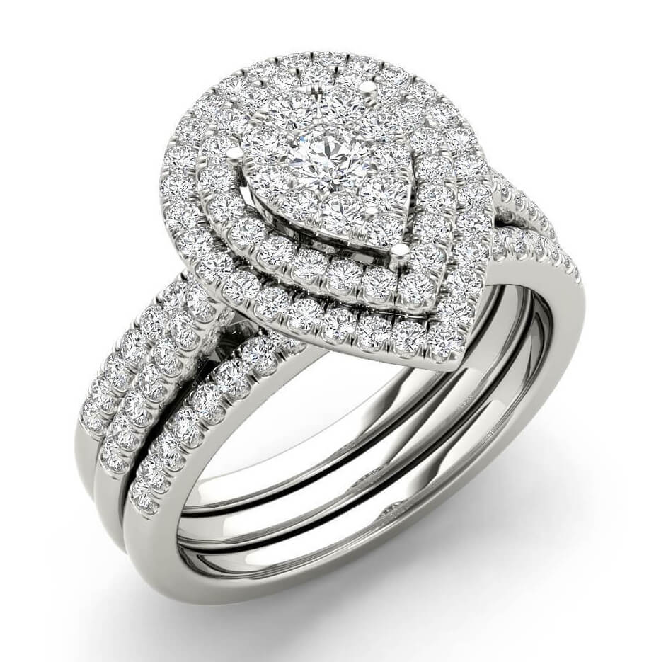 Pear Shape Round Cut Diamond White Sterling Silver Halo 3-Piece Bridal Ring Set