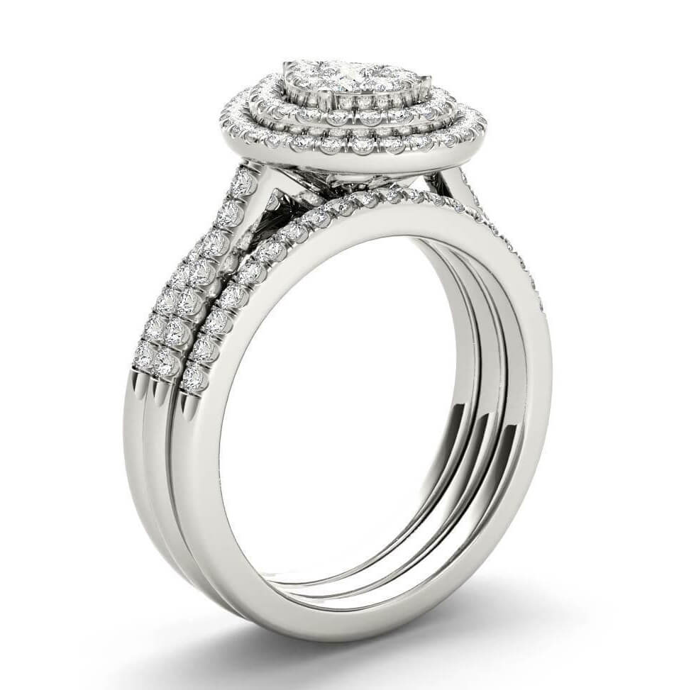 Pear Shape Round Cut Diamond White Sterling Silver Halo 3-Piece Bridal Ring Set