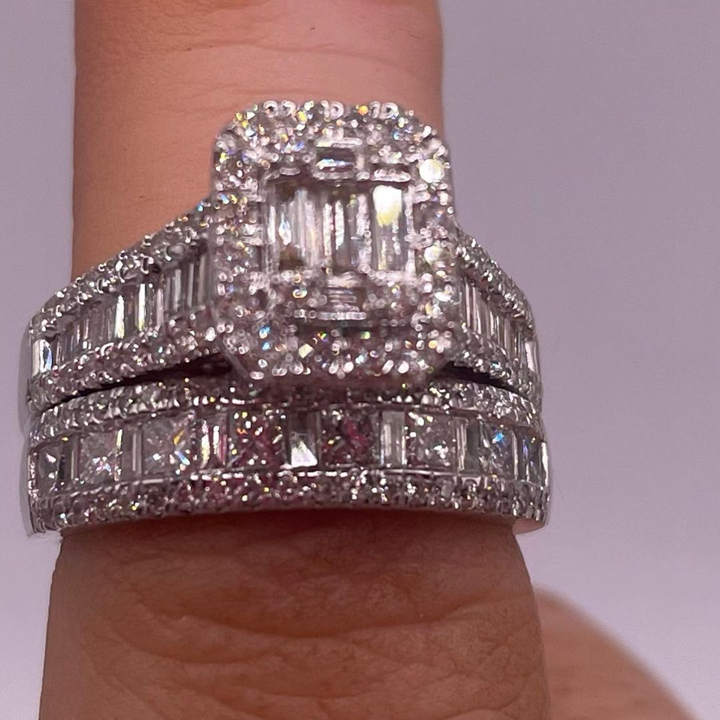 Emerald Cut Diamond White 925 Sterling Silver 2 Pieces Halo Bridal Ring Set