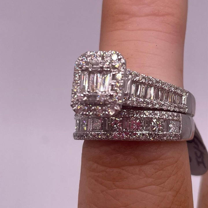 Emerald Cut Diamond White 925 Sterling Silver 2 Pieces Halo Bridal Ring Set