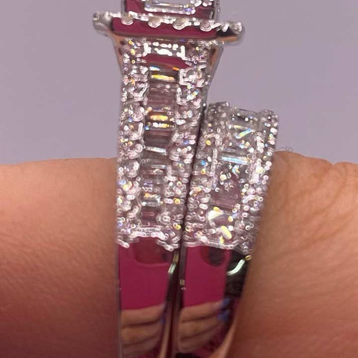 Emerald Cut Diamond White 925 Sterling Silver 2 Pieces Halo Bridal Ring Set