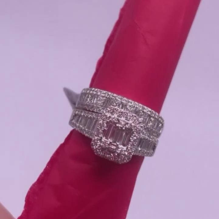 Emerald Cut Diamond White 925 Sterling Silver 2 Pieces Halo Bridal Ring Set