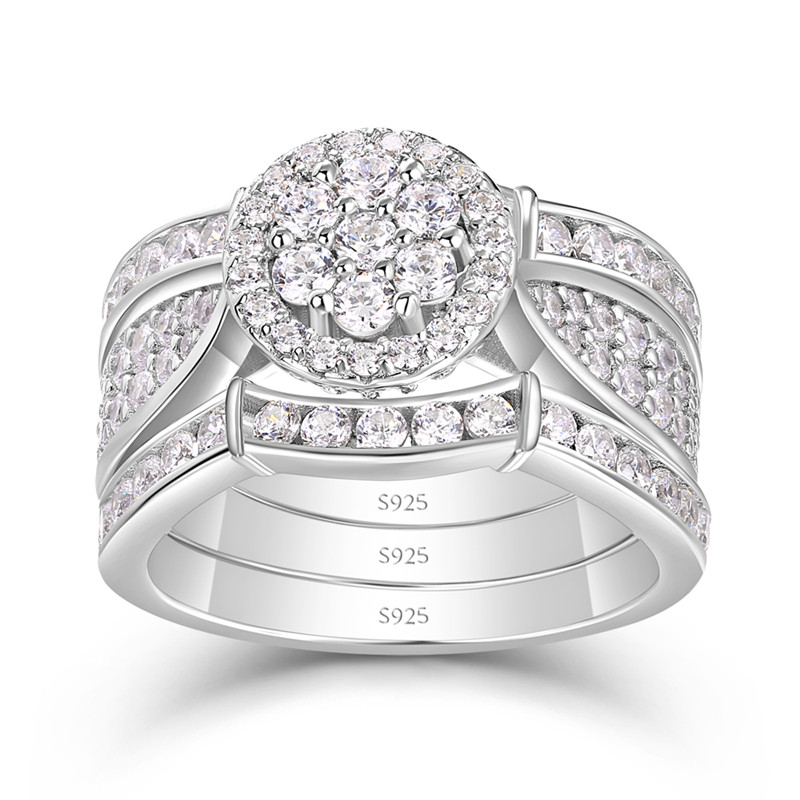 Round Cut Diamond White Sterling Silver 3-Piece Cluster Bridal Ring Set