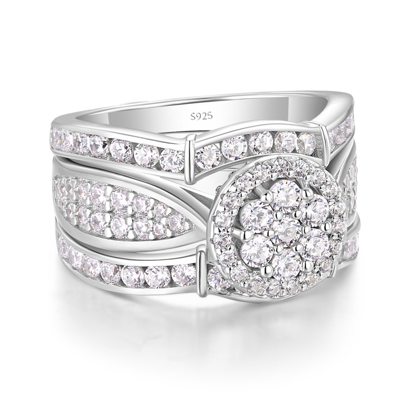 Round Cut Diamond White Sterling Silver 3-Piece Cluster Bridal Ring Set