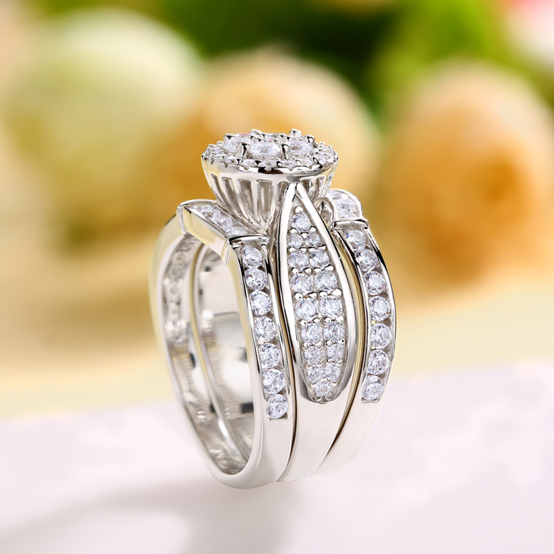 Round Cut Diamond White Sterling Silver 3-Piece Cluster Bridal Ring Set