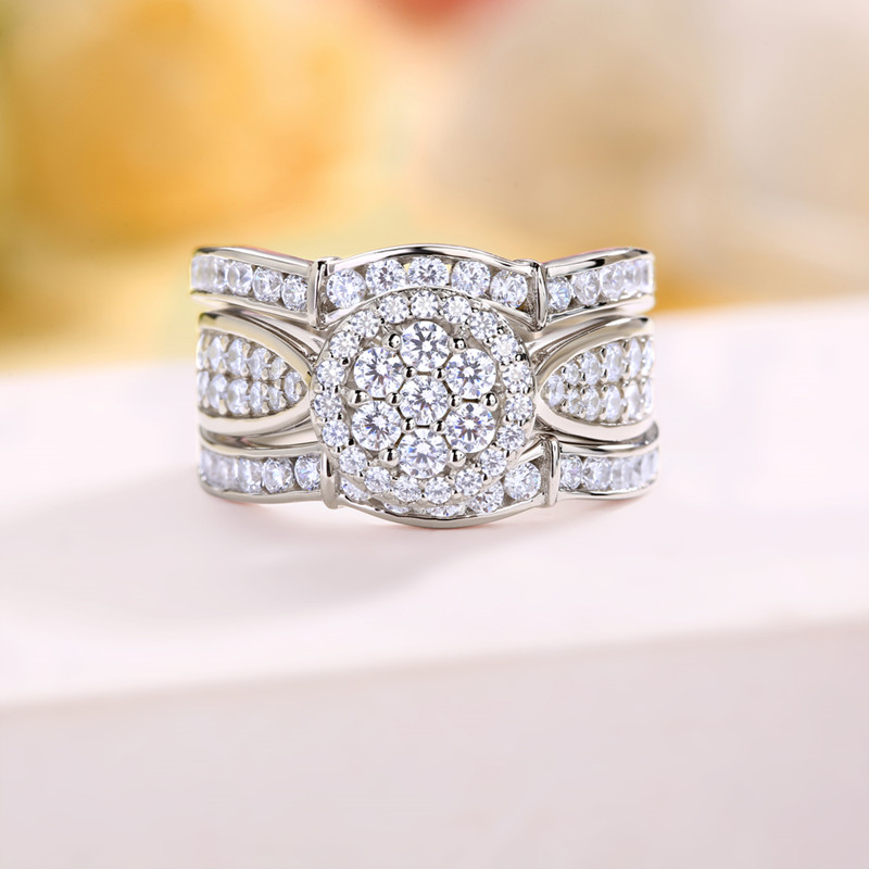 Round Cut Diamond White Sterling Silver 3-Piece Cluster Bridal Ring Set