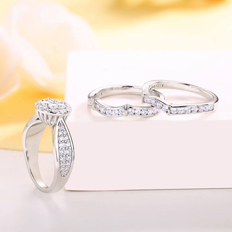 Round Cut Diamond White Sterling Silver 3-Piece Cluster Bridal Ring Set