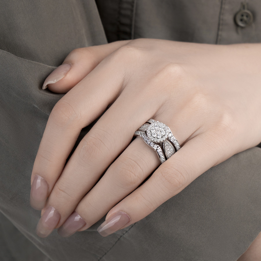 Round Cut Diamond White Sterling Silver 3-Piece Cluster Bridal Ring Set