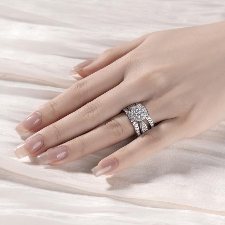 Round Cut Diamond White Sterling Silver 3-Piece Cluster Bridal Ring Set