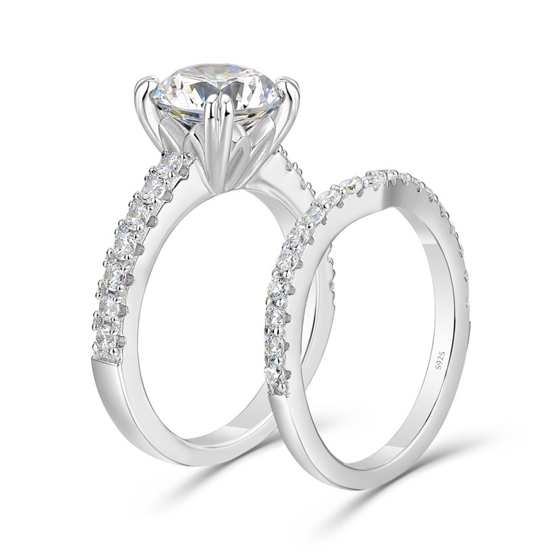 Round Cut Diamond White Sterling Silver Classic Bridal Ring Set