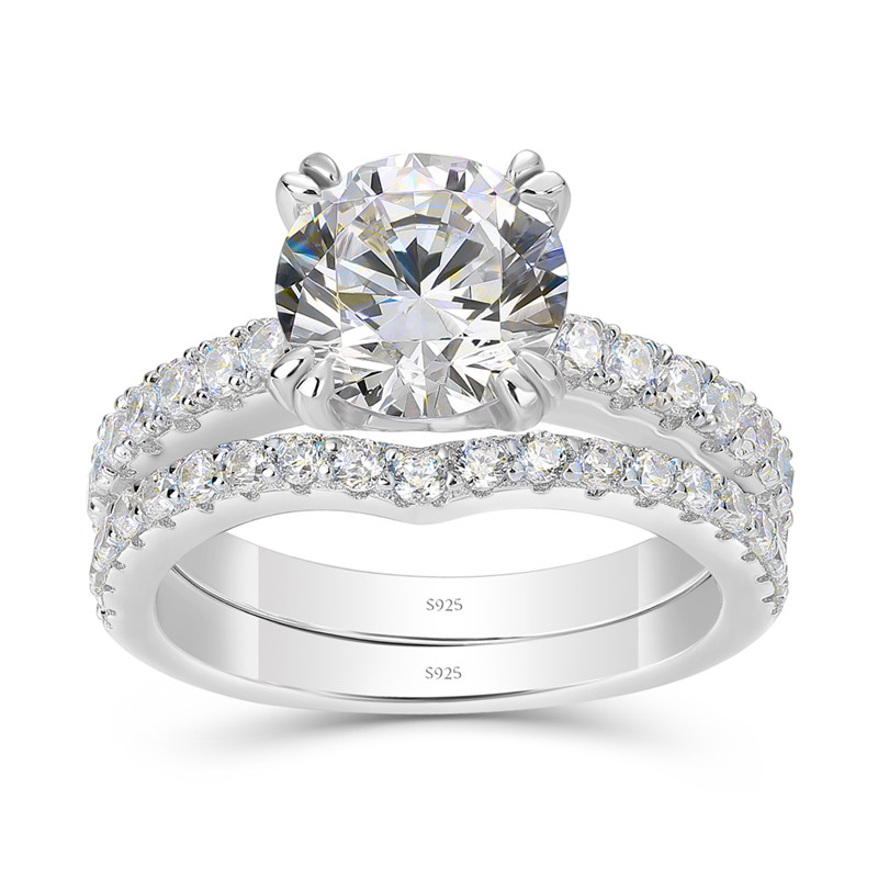 Round Cut Diamond White Sterling Silver Classic Bridal Ring Set