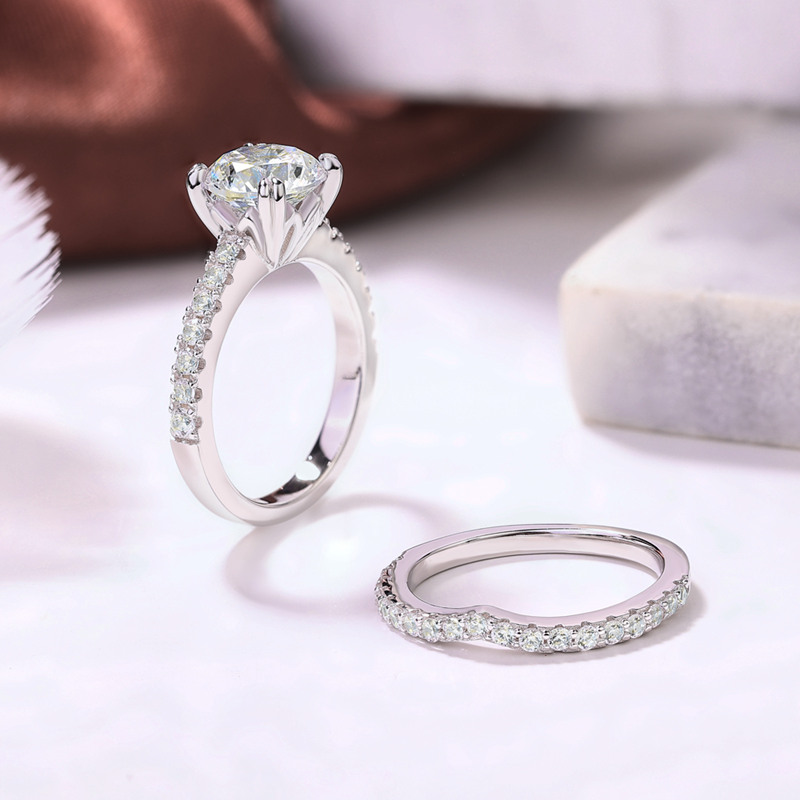 Round Cut Diamond White Sterling Silver Classic Bridal Ring Set