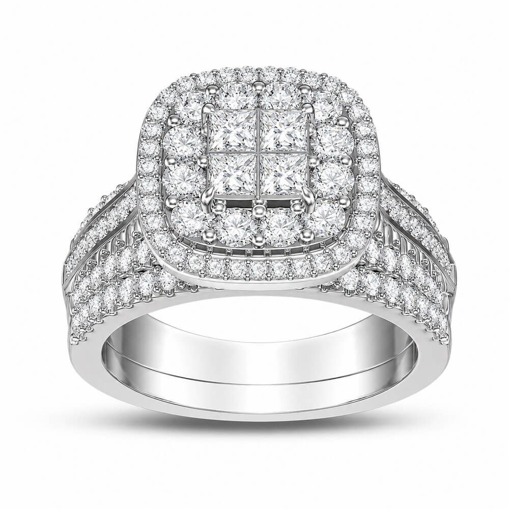 Princess Cut Diamond White Sterling Silver Halo Bridal Ring Set