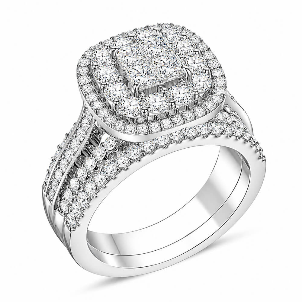 Princess Cut Diamond White Sterling Silver Halo Bridal Ring Set