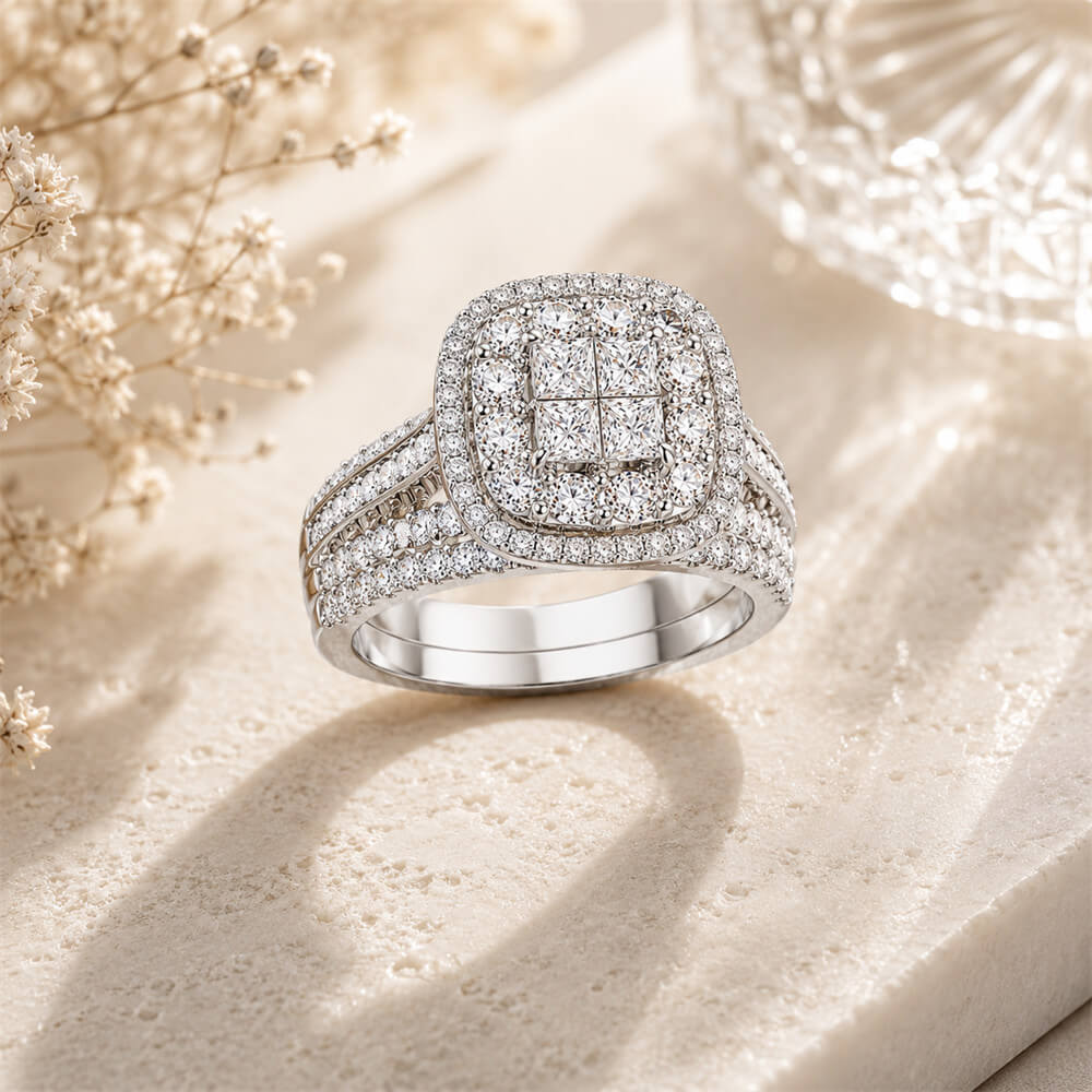 Princess Cut Diamond White Sterling Silver Halo Bridal Ring Set