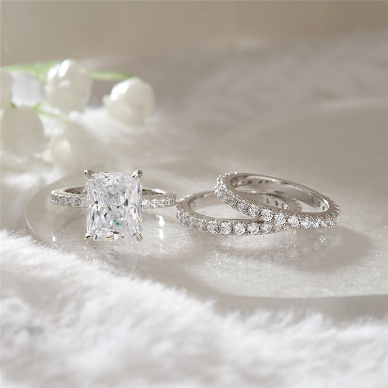 Radiant Cut Diamond White Sterling Silver 3-Piece Bridal Ring Set