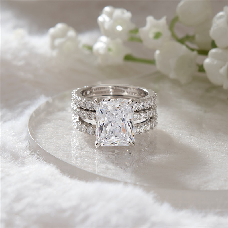 Radiant Cut Diamond White Sterling Silver 3-Piece Bridal Ring Set