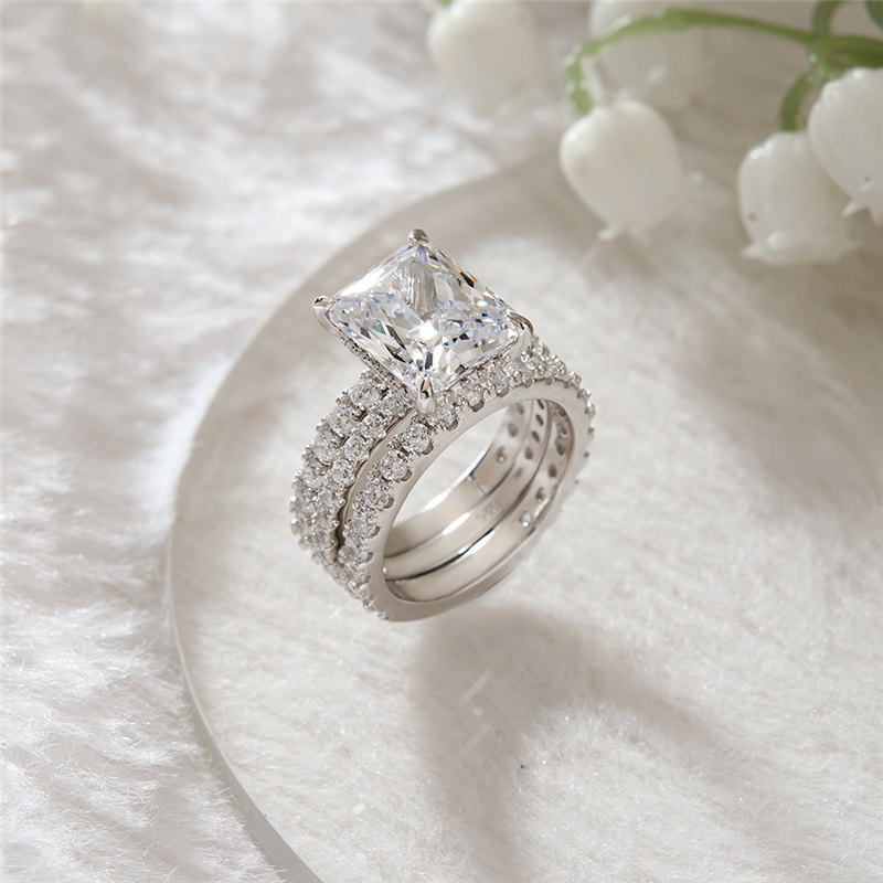 Radiant Cut Diamond White Sterling Silver 3-Piece Bridal Ring Set