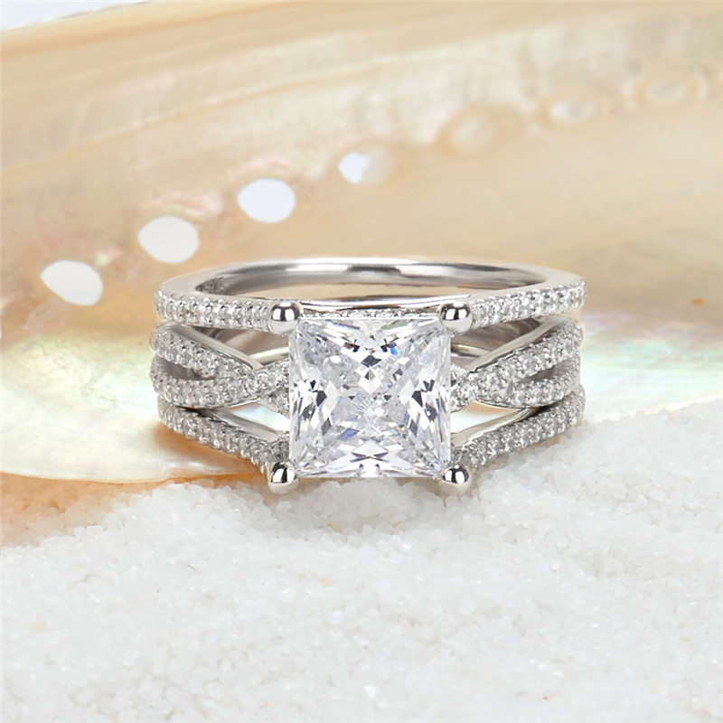 Princess Cut Diamond White Sterling Silver Insert Twisted Bridal Ring Set