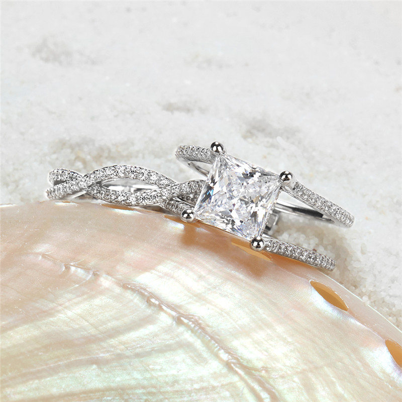 Princess Cut Diamond White Sterling Silver Insert Twisted Bridal Ring Set
