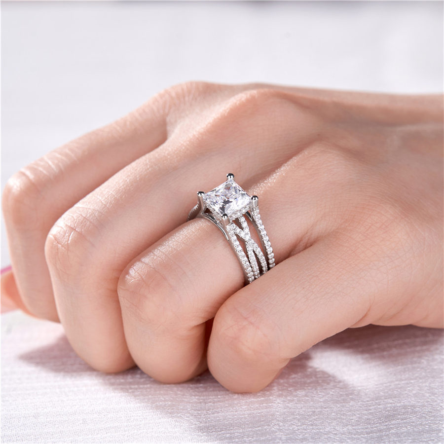Princess Cut Diamond White Sterling Silver Insert Twisted Bridal Ring Set