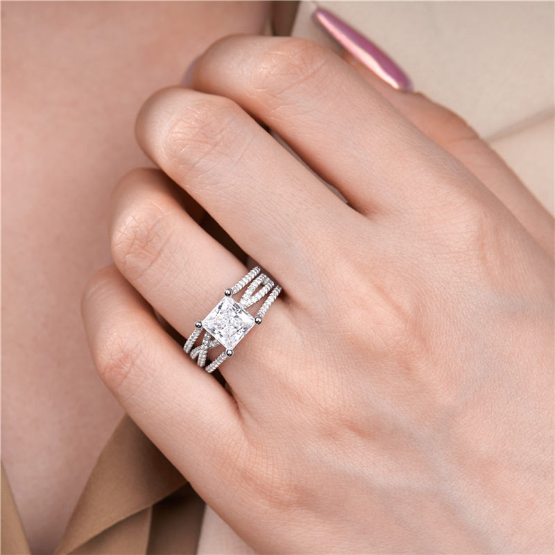 Princess Cut Diamond White Sterling Silver Insert Twisted Bridal Ring Set