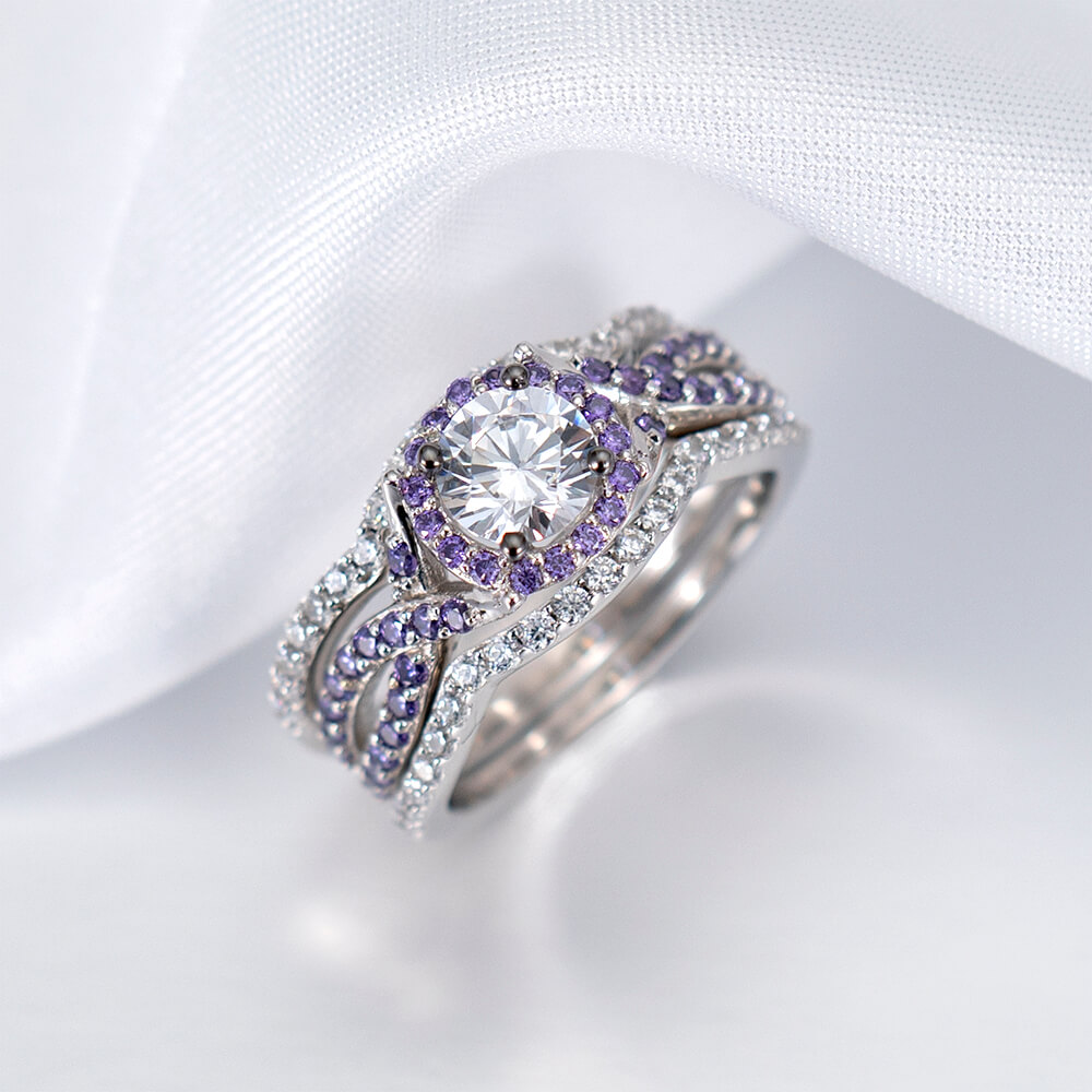 Round Cut Diamond White 925 Sterling Silver Twisted Halo Ring Sets