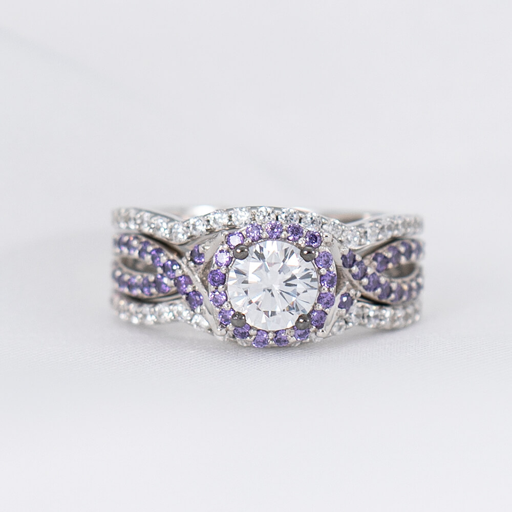 Round Cut Diamond White 925 Sterling Silver Twisted Halo Ring Sets