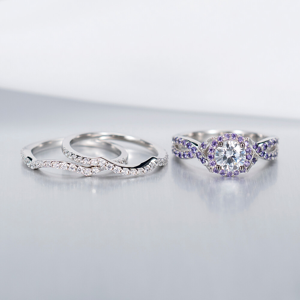 Round Cut Diamond White 925 Sterling Silver Twisted Halo Ring Sets