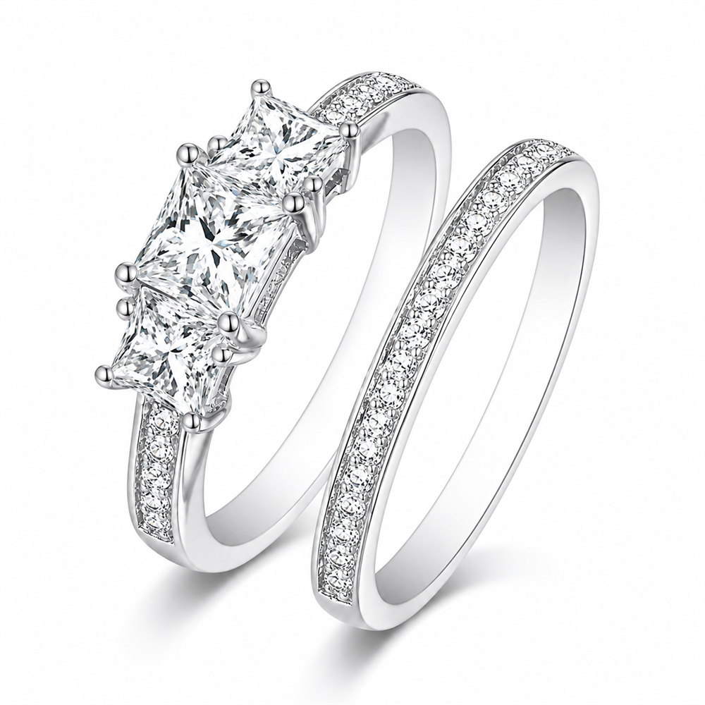 Princess Cut Diamond White Sterling Silver 3-Stone Bridal Ring Sets