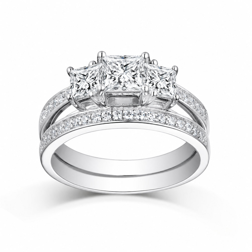 Princess Cut Diamond White Sterling Silver 3-Stone Bridal Ring Sets