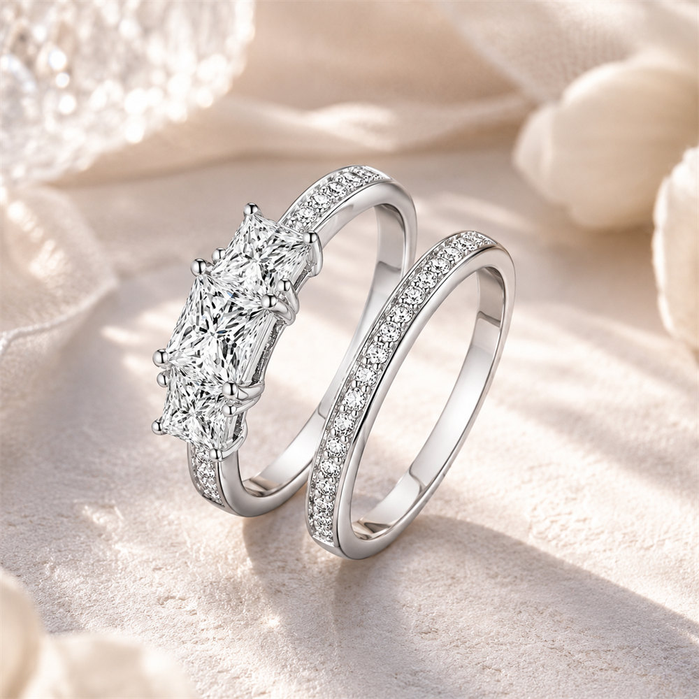Princess Cut Diamond White Sterling Silver 3-Stone Bridal Ring Sets