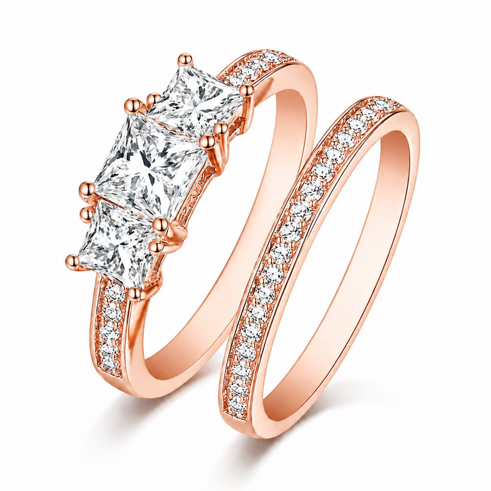 Princess Cut Diamond White Sterling Silver 3-Stone Bridal Ring Sets