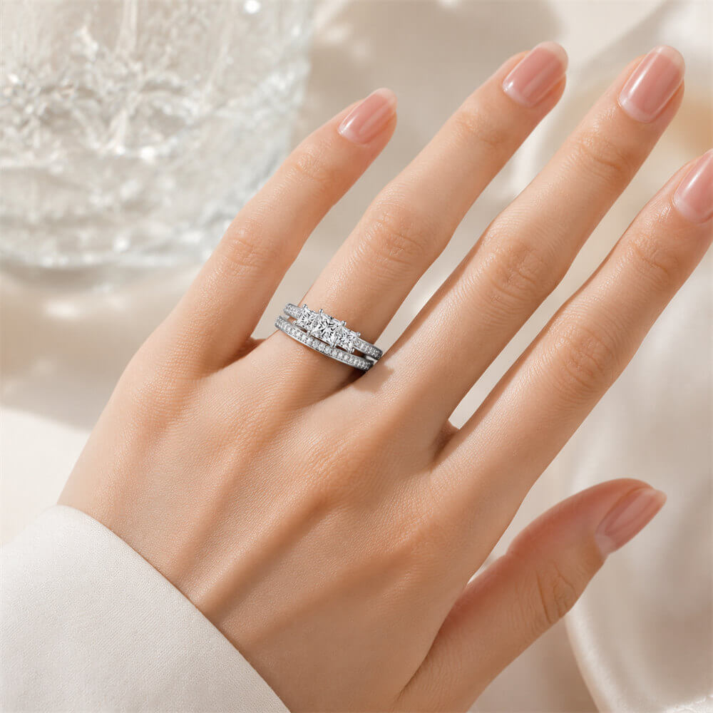 Princess Cut Diamond White Sterling Silver 3-Stone Bridal Ring Sets