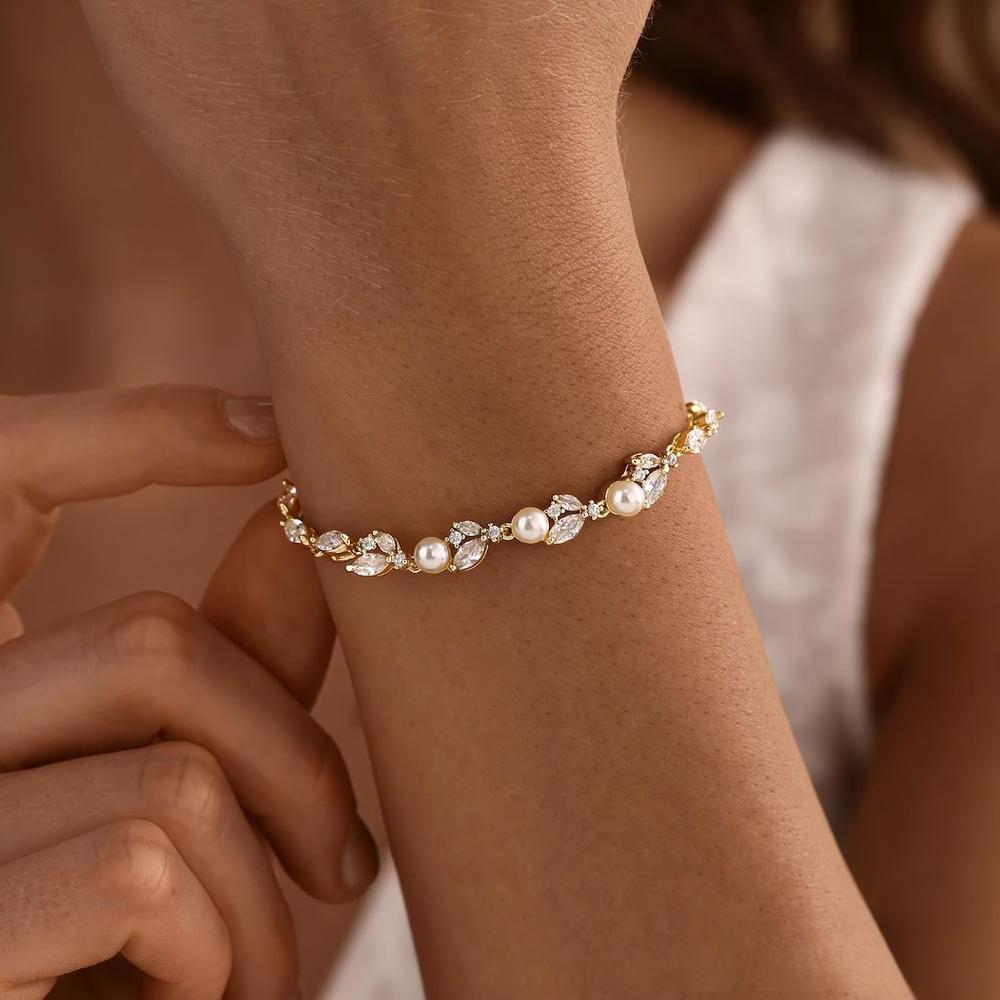 Dainty Marquise Cut Diamond White 925 Sterling Silver Leaf Pearl Bracelet