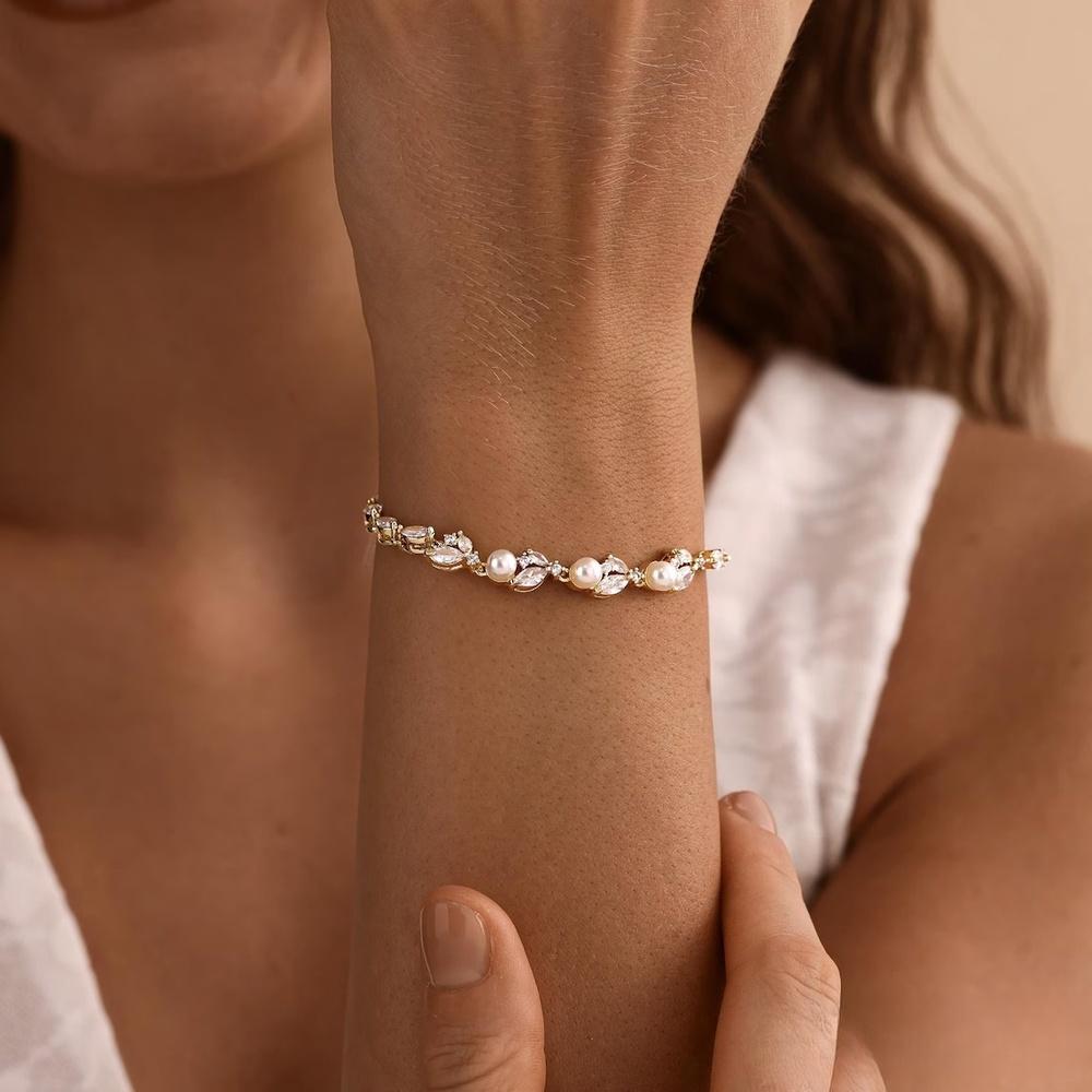 Dainty Marquise Cut Diamond White 925 Sterling Silver Leaf Pearl Bracelet