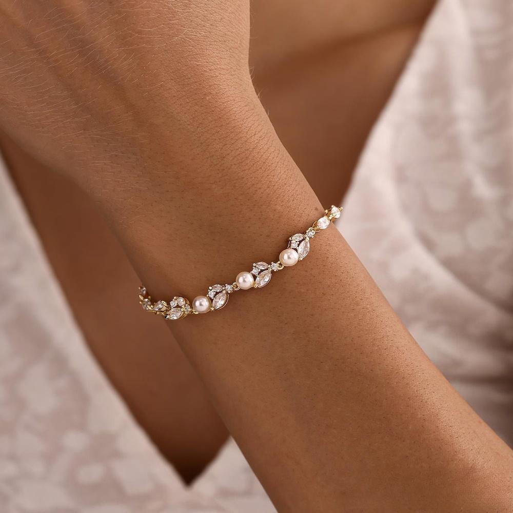 Dainty Marquise Cut Diamond White 925 Sterling Silver Leaf Pearl Bracelet