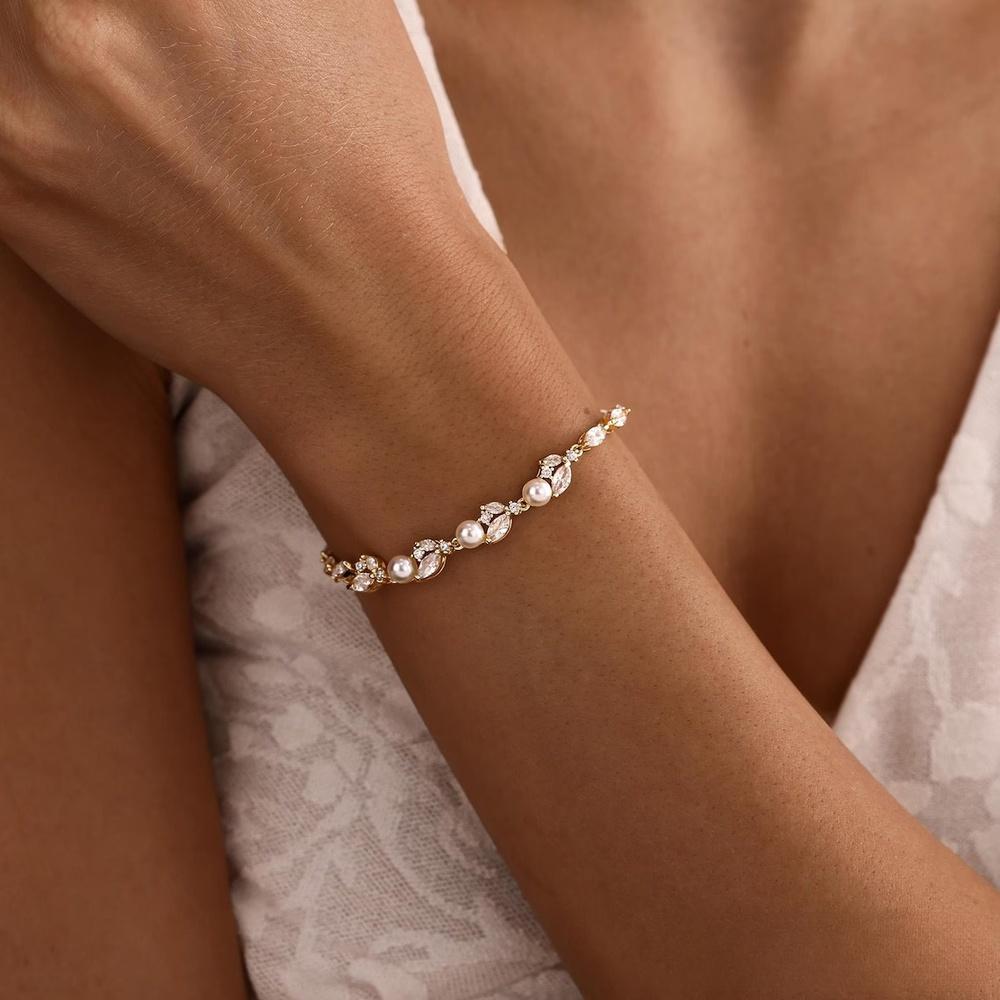 Dainty Marquise Cut Diamond White 925 Sterling Silver Leaf Pearl Bracelet