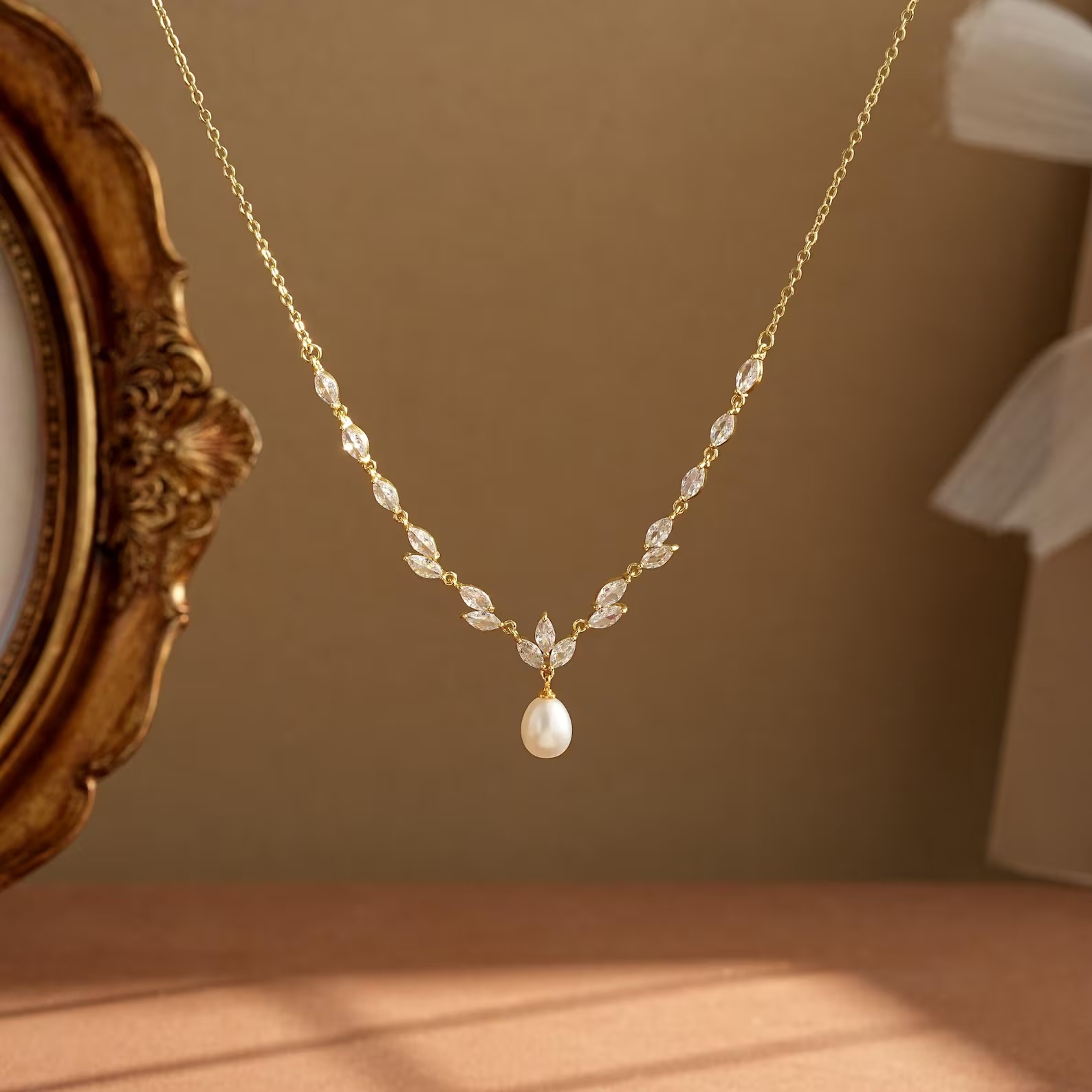 Dainty Marquise Cut Diamond White Sterling Silver Pearl Leaf Necklace