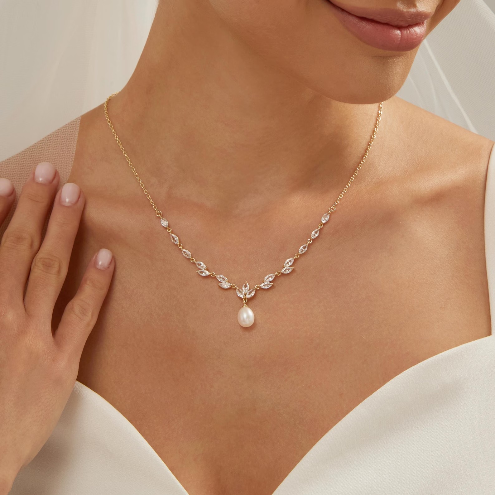 Dainty Marquise Cut Diamond White Sterling Silver Pearl Leaf Necklace